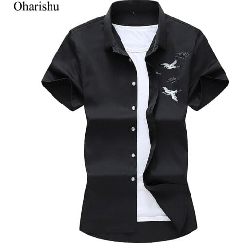 Summer New Arrival Chinese Style Mens Shirt Fashion Crane Print Short Sleeve Shirts Men Casual Plus Size Hawaii Beach Shirt 7XL