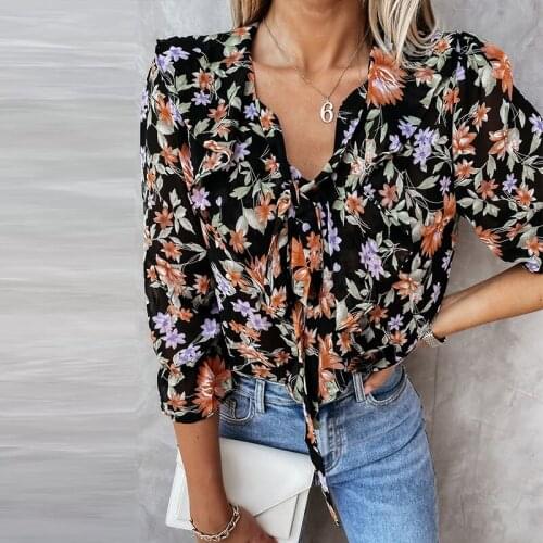 Chiffon Ruffled Printed Blouse Women V-neck Lace Up Half Sleeve Loose Tops Female Fashion Office Ladies Casual Blouses 2021