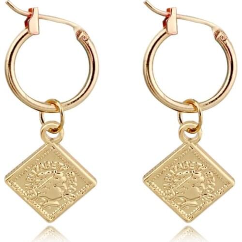 1pair Vintage Queen Head Pattern Pendant Hoop Earrings Gold Color Square Geometric Endless Circle Earrings Jewelry E102-6