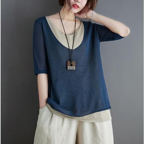 Short Sleeve T-shirt Women 2021 Summer Fake Two-piece t shirt Round Neck Pullover t shirts Tee Loose Top Streetwear