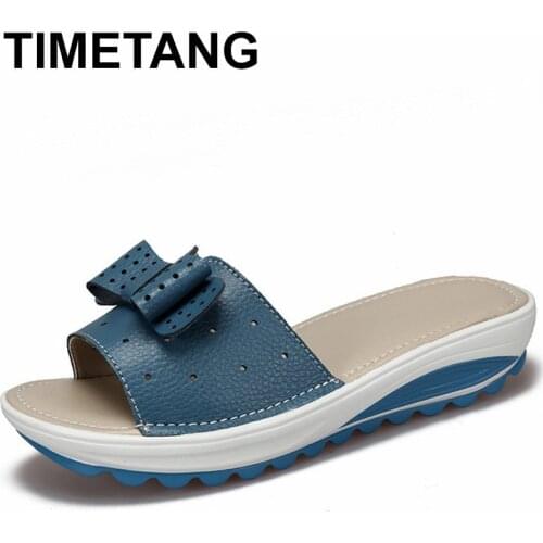 TIMETANG New Womens Sandals Cow Leather Women Flats Shoes Platform Wedges Female Slides Beach Flip Flops Summer Shoe Lady