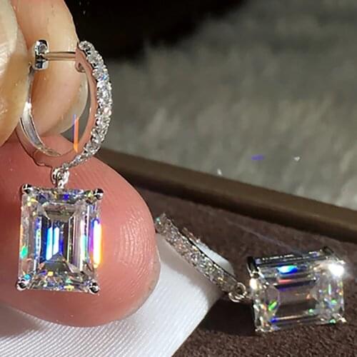 14K White Gold Women Drop Clip Hoop Earrings Moissanite Diamonds Carat Emerald Rectangle Wedding Party Engagement Anniversary