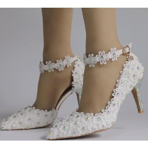 Pointed Toe Women wedding shoes Ankle strap Buckle shoes Pearl Flower party dress shoes white/red/pink Beads shoes woman 7cm