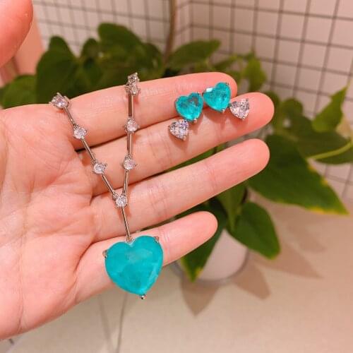 QTT Heart Paraiba Tourmaline Gemstone Gorgeous Jewelry Sets 925 Sterling Silver Necklace Stud Earrings Exquisite Bridal Sets