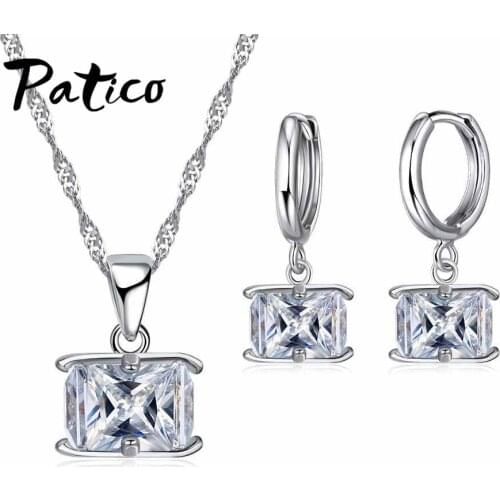 Luxury CZ Pendant Chain Necklace Earrings Sets 925 Sterling Silver Wedding Jewelry Sets For Women Femme Birthday Gifts