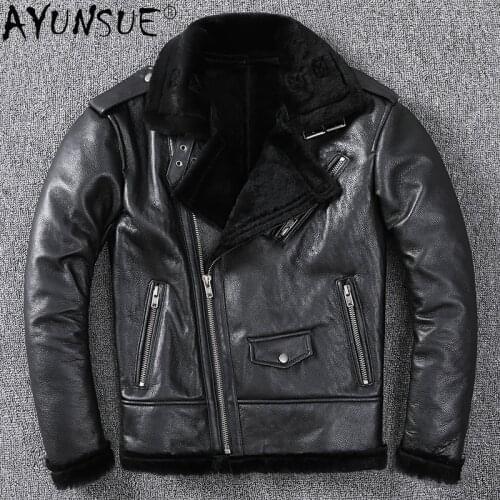 AYUNSUE Winter Jacket Men Genuine Sheepskin Leather Jackets Male Real Wool Fur Coat Motorcycle Clothing 2020 Ropa Hombre LXR1056