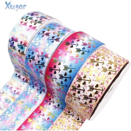 Xugar 75MM Bronzing Ribbon Foil Arrow&Heart Grosgrain Ribbon 2yards For Bow Making Gifts Packing Wedding Party Decor Accessories