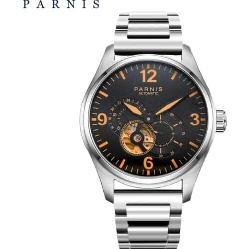 Parnis 44mm Mens Watches Automatic Watch Orange Luminous Markers Black Dial Gold 21 Jewel Desinger Mechanical Movement Watch