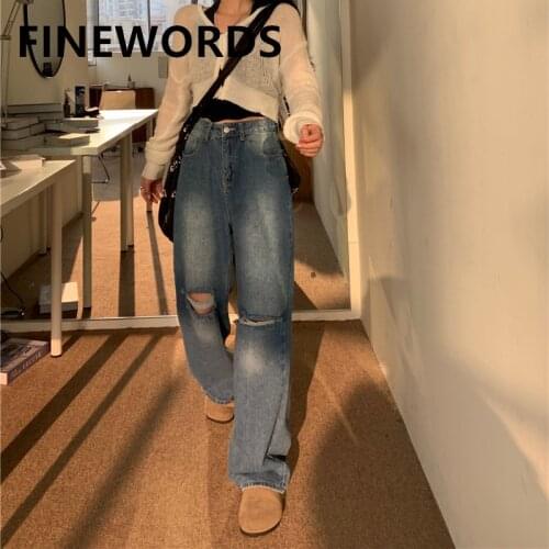 FINEWORDS Korean Boyfriend Streetwear Wide Leg Jeans Knee Ripped Distressed Jeans Plus Size Loose Vintage Washed Korean Jeans