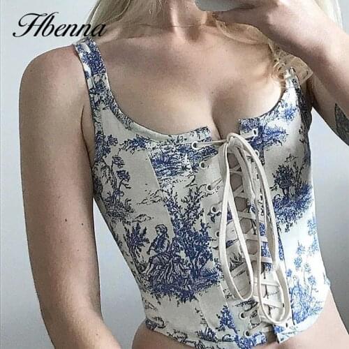 Hbenna Floral Print Cropped Top Women Sleeveless Front Laceup Bandage Sexy 2021Summer Eleagant Vintage Party Tank Top Streetwear