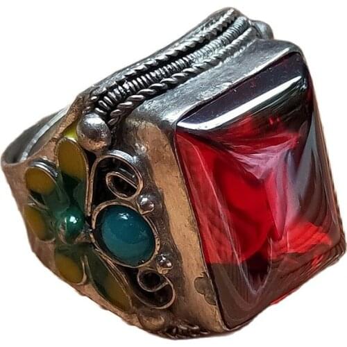 Chinese antique bronze antique jewelry, silver inlaid with gem ring