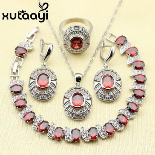 Red Garnet White Zircon Princess Wedding Jewelry Set Sterling Silver Women Earrings Ring Necklace Pendant Bracelet
