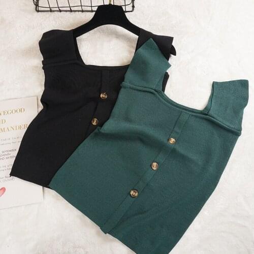 Sanishroly 2018 Summer Autumn Women Button Tank Sexy Single Breasted Knitted Tanks Ladies Slim Slash Neck Camis Short Tops SE145