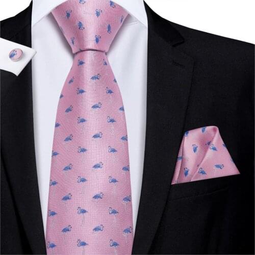 Hi-Tie Pink Animal Cartoon Flamingo Silk Mens Tie Set Wedding 8.5cm Tie For Men Design Hanky Cufflinks Set Quality Necktie