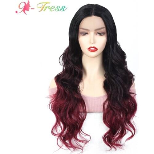 X-TRESS Wine Red Brown Lace Front Wigs Heat Resistant Synthetic Long Wavy Fiber FemaleTrendy Wigs for Cosplay Party Daily Use