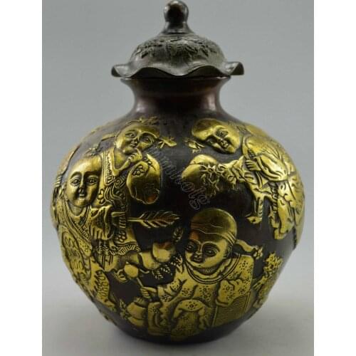 Antique excellent Old Handwork Copper Carved statue big pot Qing Dynasty