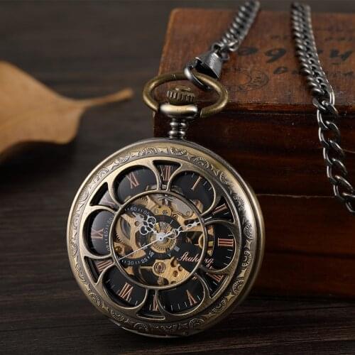 Retro Hollow Steampunk Hand Wind Vintage Mechanical Pocket Watch Men Double-side Bronze Skeleton Pocket Fob Watch Chain Necklace