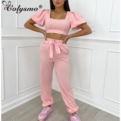 Colysmo Black Tracksuit Women Crop Top Two Piece Set Solid Color Ribbon Trousers 2 Piece Set Summer Activewear Casual Clothes