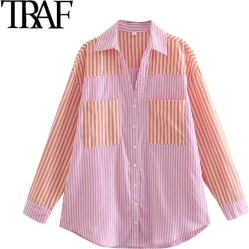 TRAF Women Fashion Patchwork Striped Loose Blouses Vintage Long Sleeve Pockets Female Shirts Blusas Chic Tops