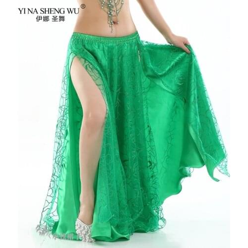 High Quality Lace Rose Belly Dancing Skirts Women Belly Dance Slit Skirt Girls Dance Performance Practice Skirt Without Belt New