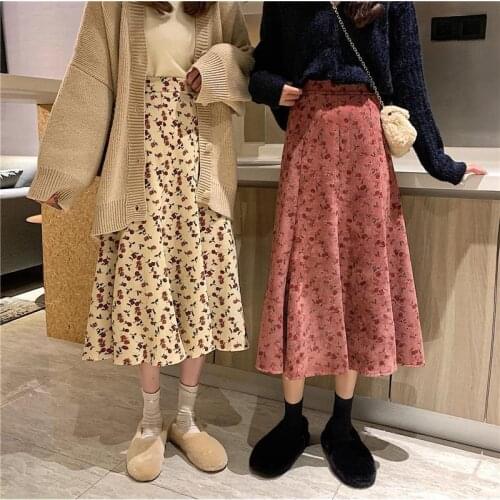Autumn Winter Vintage Velvet Floral Women Long Skirt Casual Pleated A Line Skirts Casual Loose Female High Waist Fladas Bottoms
