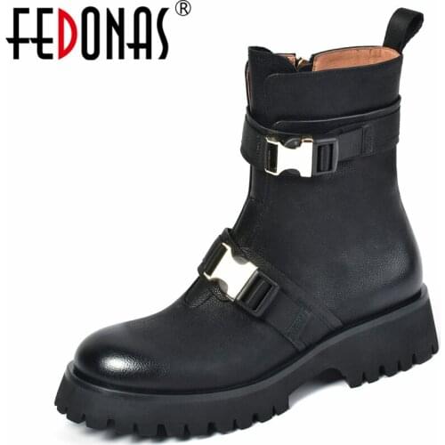 FEDONAS Cool Retro Women Ankle Boots New Belt Buckle Outdoor Casual High Heels Round Toe Side Zipper Shoes Woman Genuine Leather