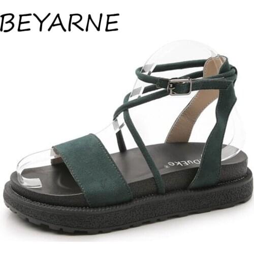 BEYARNE New Women Sandals Fashion Peep Toe Buckle Roman Design Sandals Women Flat Shoes Summer Beach Ladies Shoes Sandals