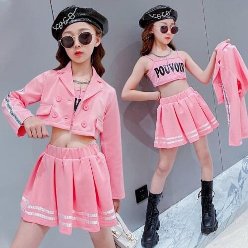 Teen Girls Clothing Set Fashion Streetwear Hip Hop Vest+Jacket+Skirt 3PCS School Performance Costume for Girls 8 9 10 12 14Years