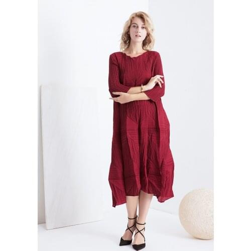 Miyake Folds Large Size Loose Knee Dress Seven-point Sleeves Autumn New Long Section Dress