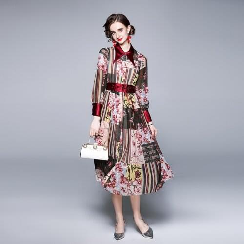 Banulin 2021 Summer Fashion Runway Long Sleeve Party Dress Womens Shirt Collar Floral Print lace up Belt Boho Beach Dress