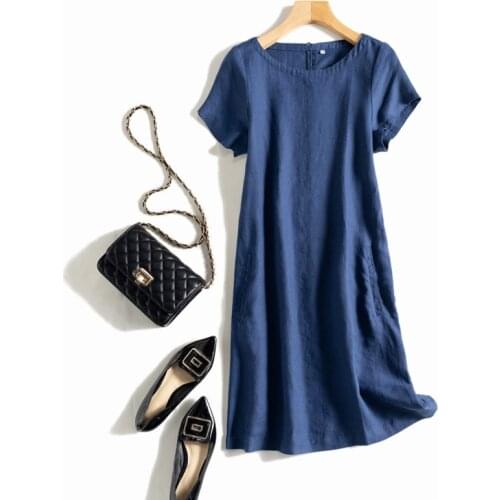 Summer New Women Loose Plus Size Petite Japan Style Comfortable Breathable French Water Washed Linen Pullover Dresses