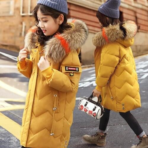Winter Warm Down Jackets for Girls Faux Fur Hooded Children Outerwear Long Zipper Thicken Teenage Coat Clothing 6-13 Years