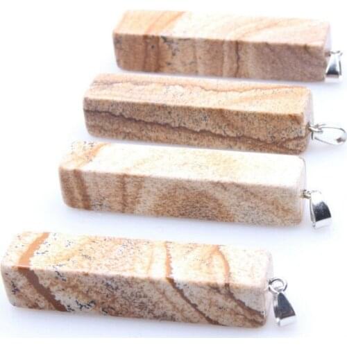 1PC Trendy Natural Picture Stone Pendant Geometric Rectangle Pendant DIY Fit Necklaces for Jewelry Making 12*55 Mm