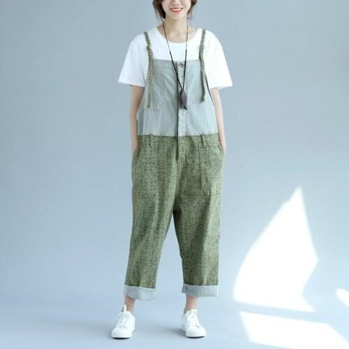 2018 Summer Korean Fashion Plus Size Overalls Loose Wide Leg Pants Women Green Washed Print Strap Vintage Casual Jumpsuits