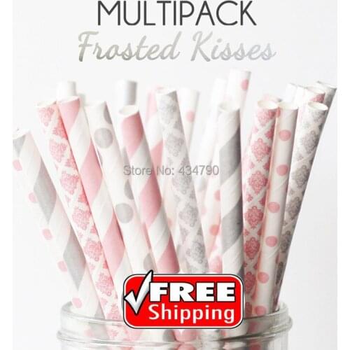 250pcs Mixed 5 Designs FROSTED KISSES Themed Paper Straws - Baby Pink and Silver,Stripe,Damask,Dot,Baby Shower,Bridal,Wedding