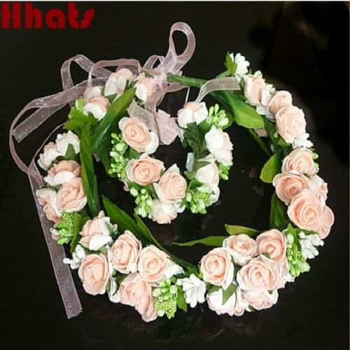 White pink women girl hair accessories foam floral headdress bracelet set beach wedding bridal artificial flower crown wristband