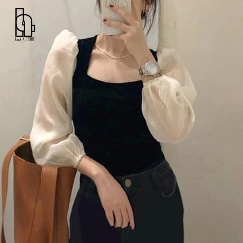 Korean Style Blouse And Tops Women Casual Long Sleeve Vintage Elegant Shirts Office Lady Outdoor Square Color Black Y2k Crop Top