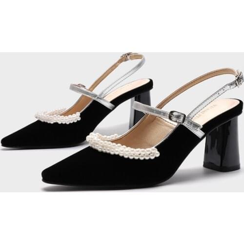 Beige Pearl Shallow Mouth Single Shoes Coarse Sandals High-Heeled Office Shoes High Heels Ladies Dress Shoes