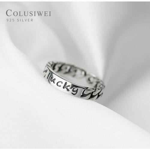COLUSIWEI Vintage Chain Open Adjustable Finger Ring for Women Gift Carving Letter “Lucky” Sterling Silver 925 Ring Fine Jewelry