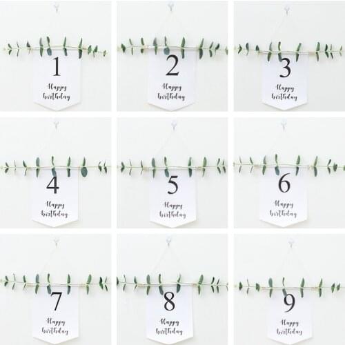 Happy Birthday Banner Garland 1-9th White Birthday Flag Bunting First Birthday Supplies Baby Shower Hundred Days Decoration