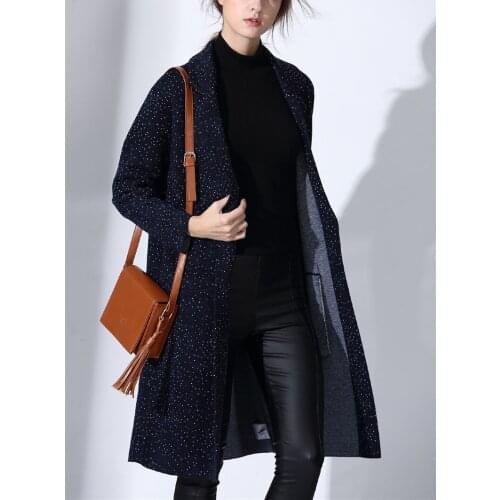 Cashmere wool blends bright clip yarns knit women new fashion long cardigan sweater coat dark blue one&over size