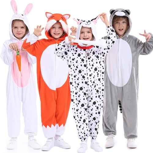 Animal Kigurumi Onesie Boy Girl Fox Dalmatian Dog Animals Jumpsuit Pajamas For Kids Halloween Cosplay Costume Winter Clothes