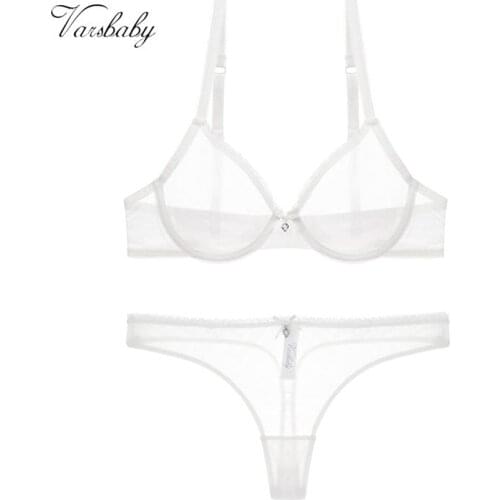 Varsbaby sexy transparent bow underwear solid 3/4 cup yarn thong comfortable bra set for women
