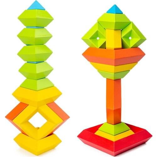 15pcs Large-particle Wooden Assembled Pyramid Building Blocks Put Together Creativity Building Blocks Childrens Educational Toy