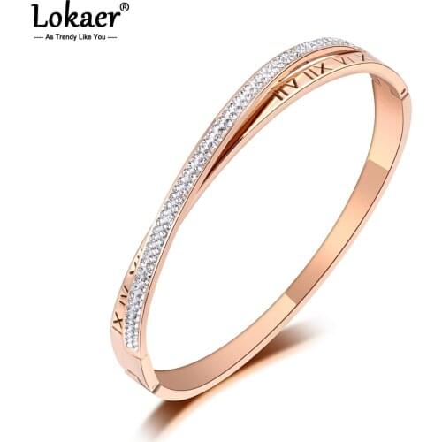 Lokaer Roman Numerals Design Mosaic Rhinestone Bangles & Bracelet Jewelry Trendy Rose Gold Stainless Steel Wedding Bangle B19092