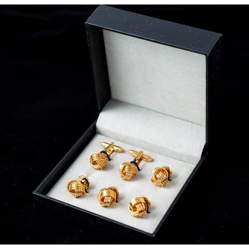 Fashion Metal Knot Tuxedo Cufflinks and Studs Set with Gift Box For Men Trendy French Shirt Cuff Buttons Wedding Groom Jewelry