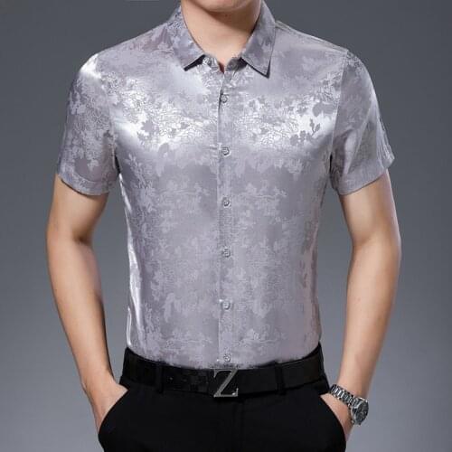 Mens Summer Floral Silk Clothes Elegant Male Short Sleeve Soft Dress Free Shipping