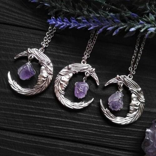 New Purple Crystal Moon Necklace Crescent Jewelry Dark Style Gothic Stone Pendant Magic Wiccan Witch Charm Style Macabre Amulet