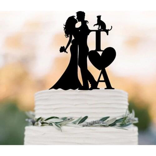 Initial Wedding Cake topper with cat bride and groom silhouette, personalized wedding cake topper letters, unique cake topper