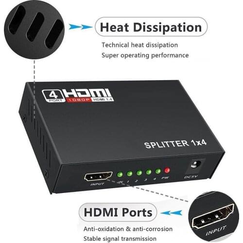 Ultra HD 1 In 4 Out Splitter 1080P 3D 4 Way HDMI-Compatible Signal Distributor HDMI Splitter (USB Cable)
